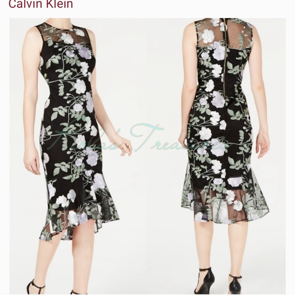 NWT Calvin Klein women’s black floral embroidered flounce dress